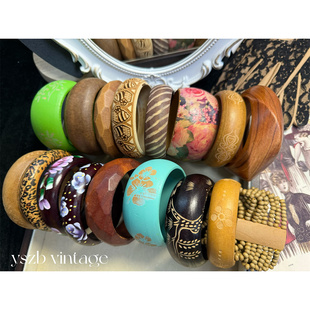 包邮 2102 复古中古老货波西米亚民族风木质夸张彩绘大圈口手镯