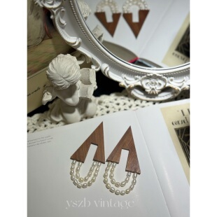 原创设计手工复古三角木头天然珍珠流苏夸张小众耳环耳夹 包邮