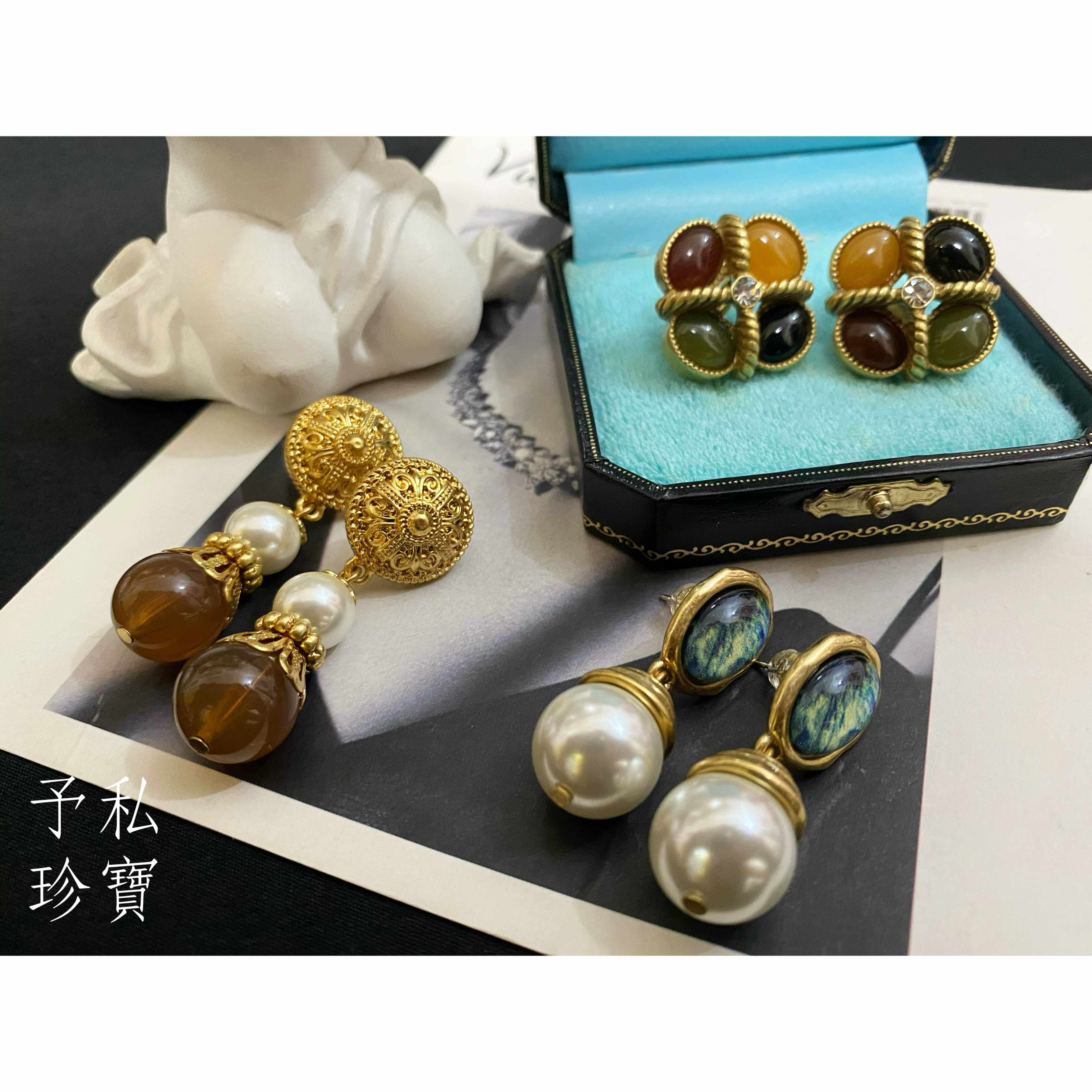 包邮 1836 复古Vintage镀真金保色巴洛克做旧琉璃耳钉耳环耳夹