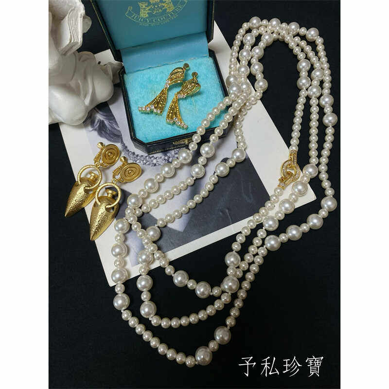 包邮 1862Vintage欧美巴洛克镀真金保色素金耳环耳夹多层珍珠项链