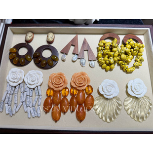 复古原创设计手作手工花朵亚克力木质卡梅奥石头流苏耳环耳夹包邮