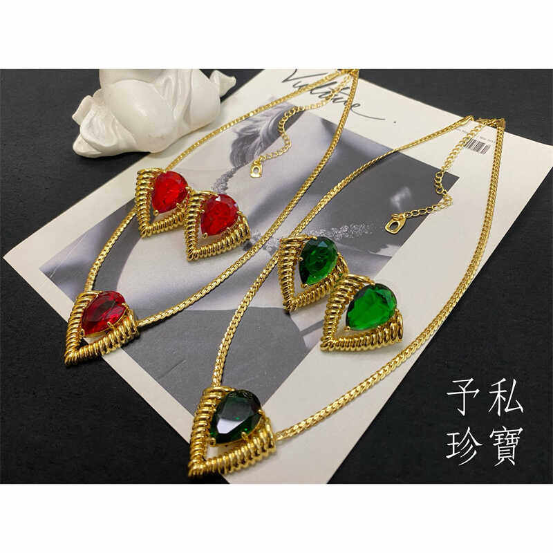包邮 1823 复古Vintage镀真金保色夸张心形三角宝石耳钉项链套装