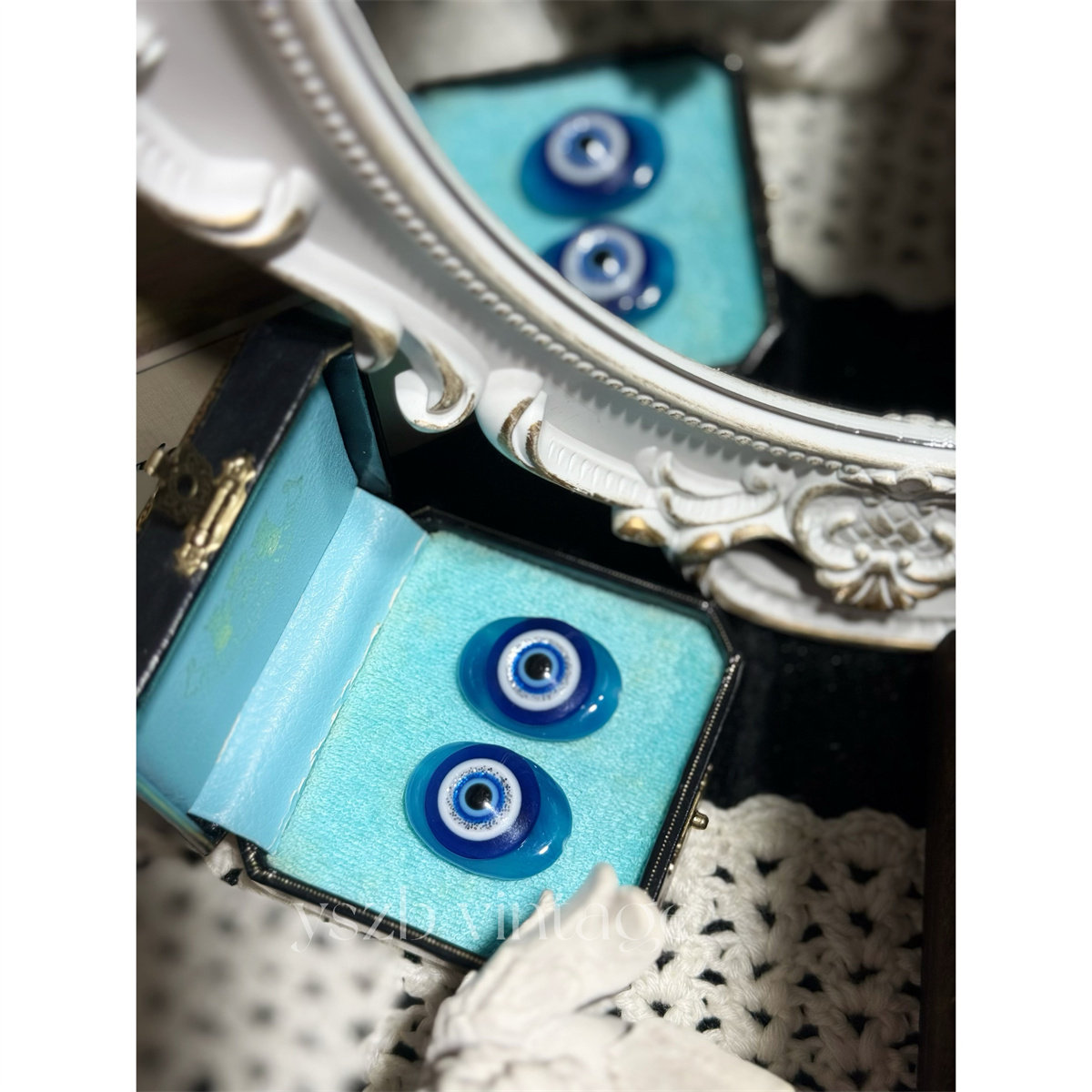 复古原创设计手工椭圆蓝色玛瑙小众夸张个性眼睛耳钉 包邮