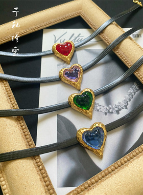 包邮 328 复古Vintage欧美镀真金做旧熔岩琉璃爱心颈链项链chock