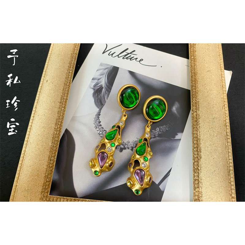 包邮 1614 复古Vintage镀真金保色中古款宫廷风长款彩色耳钉耳环