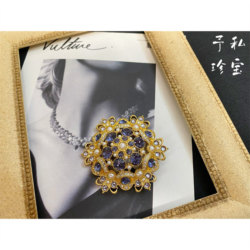 包邮 1709 复古Vintage镀真金保色紫色水钻珍珠优雅宫廷风胸针