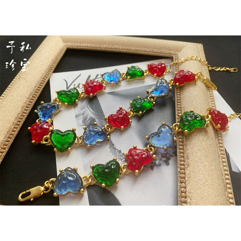 保色彩色爱心琉璃重工手链项链