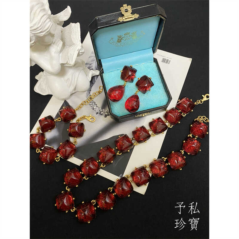 包邮 1835 复古Vintage镀真金保色半透明方块耳环手链项链套装