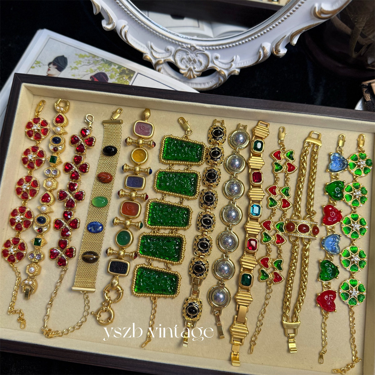 复古Vintage琉璃石头彩色爱心花朵金球人像质感18K金手链 包邮