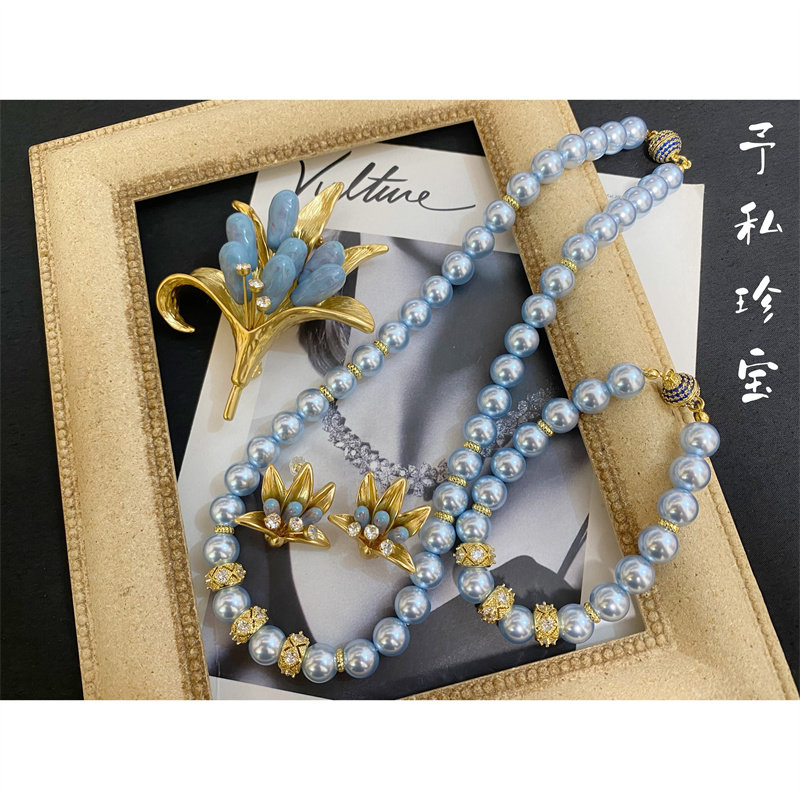 包邮 1632 复古Vintage镀真金花束耳钉耳夹胸针珍珠磁吸手链项链