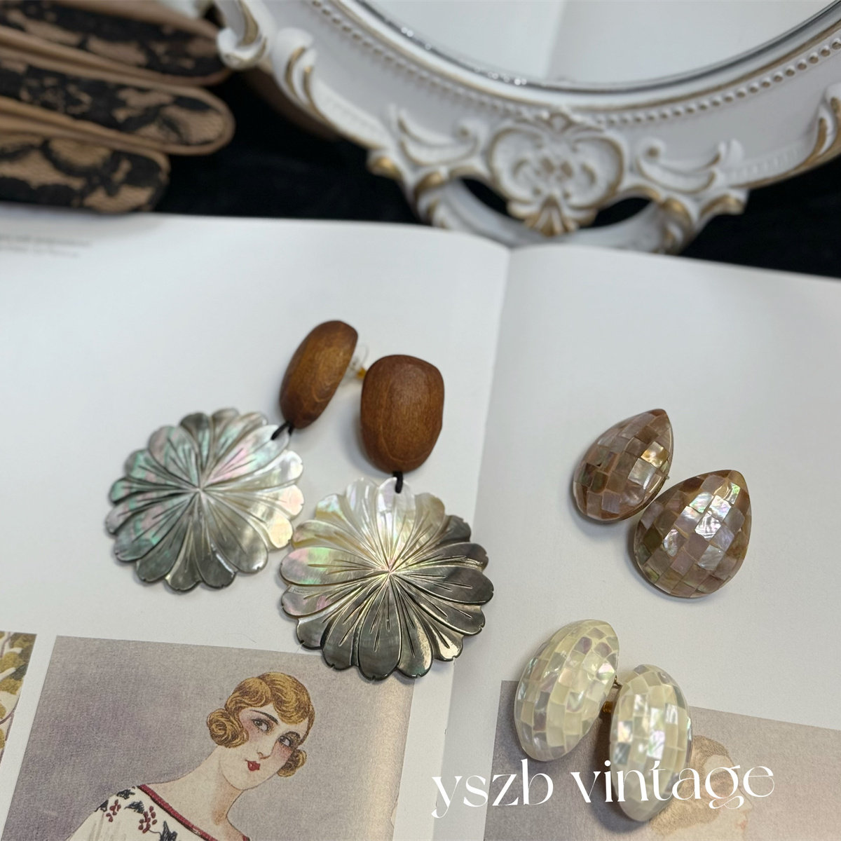 包邮 2097 复古Vintage手作马赛克贝母质感耳钉木头花朵耳环耳夹