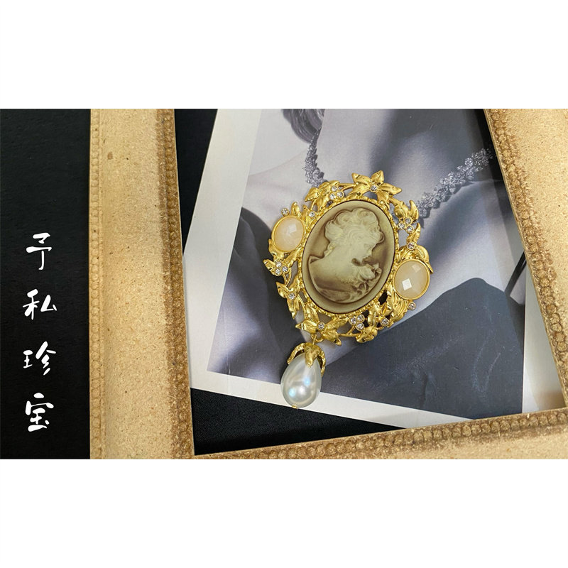 包邮 1660 复古Vintage镀真金保色宫廷风人头水钻水滴珍珠胸针