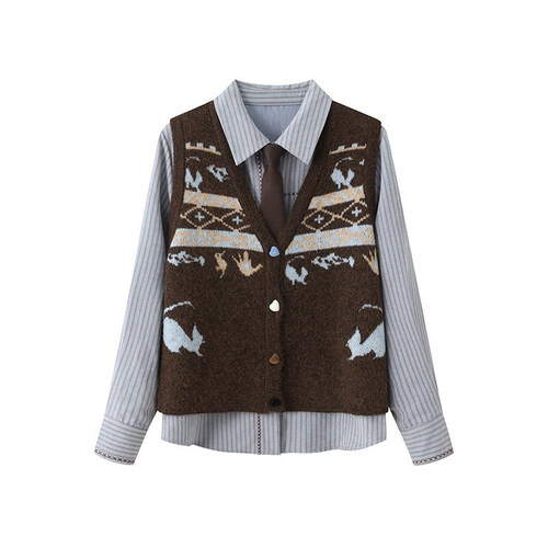 秋冬穿搭女新款宽松复古背心马甲学院风衬衫上衣两件套装2873