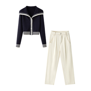 直筒牛仔裤 毛衣开衫 子两件套1939 海军领短款 春秋穿搭一整套女新款