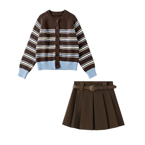 秋冬穿搭一整套女新款条纹针织开衫高腰百褶半身短裙两件套装3036