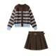 秋冬穿搭一整套女新款 3036 条纹针织开衫 高腰百褶半身短裙两件套装