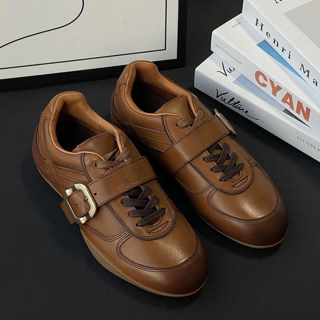 2025新款春季复古做旧德训鞋女皮带扣法式细带运动鞋真皮板鞋单鞋,女鞋,时尚休闲鞋,淘宝优惠券,粉丝福利购,淘宝优惠卷