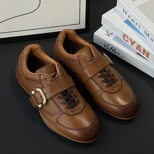 2025新款春季复古做旧德训鞋女皮带扣法式细带运动鞋真皮板鞋单鞋