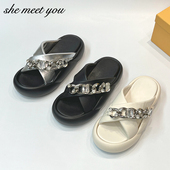 真皮休闲百搭时尚 水钻链条厚底面包拖欧货24夏季 新款 潮交叉一字拖