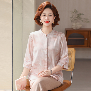 中老年妈妈夏装真丝新中式蚕丝衬衫女老人奶奶太太夏季薄款上衣服