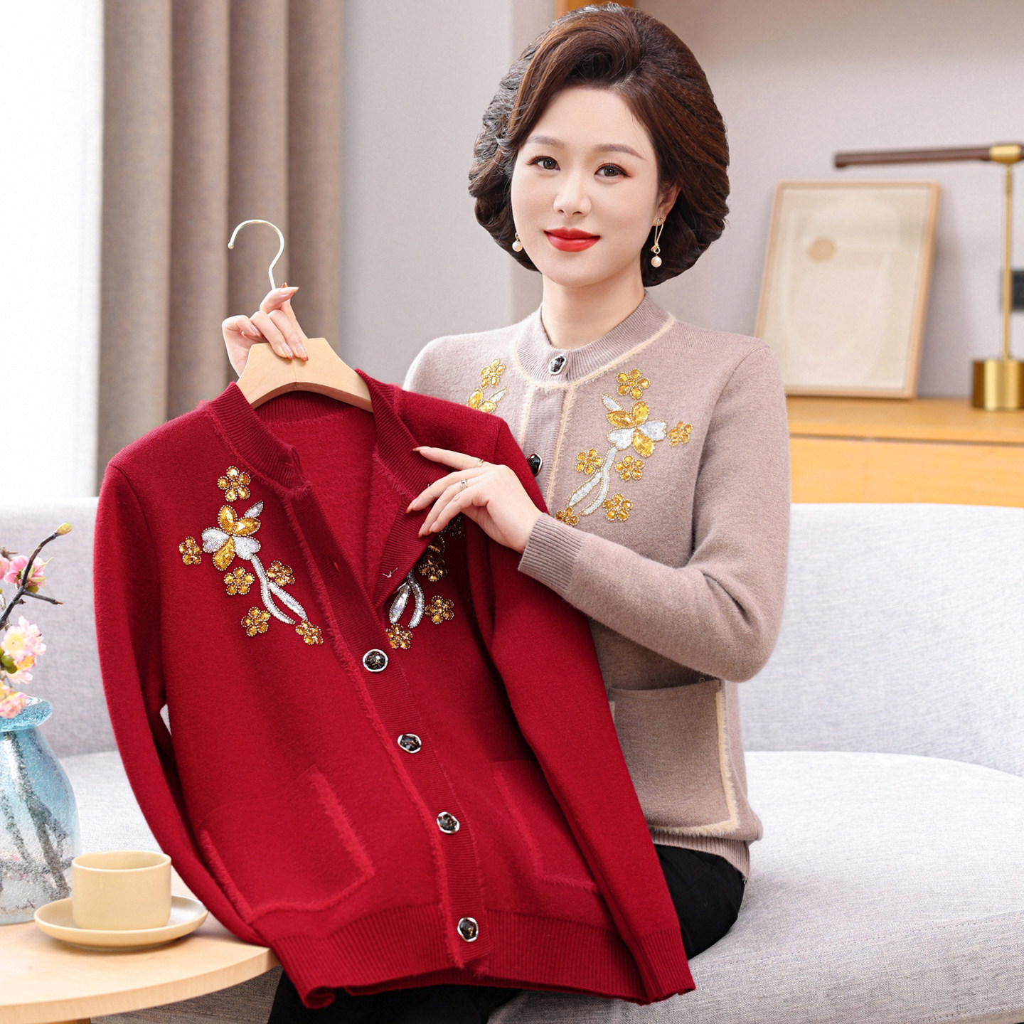 妈妈秋冬装加厚加绒毛衣外套上衣服中老年女毛衣奶奶保暖针织开衫,女装/女士精品,中老年女装,淘宝优惠券,粉丝福利购,淘宝优惠卷