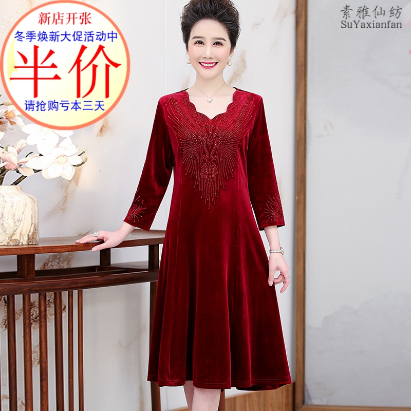 旗袍领金丝绒复古妈妈连衣裙