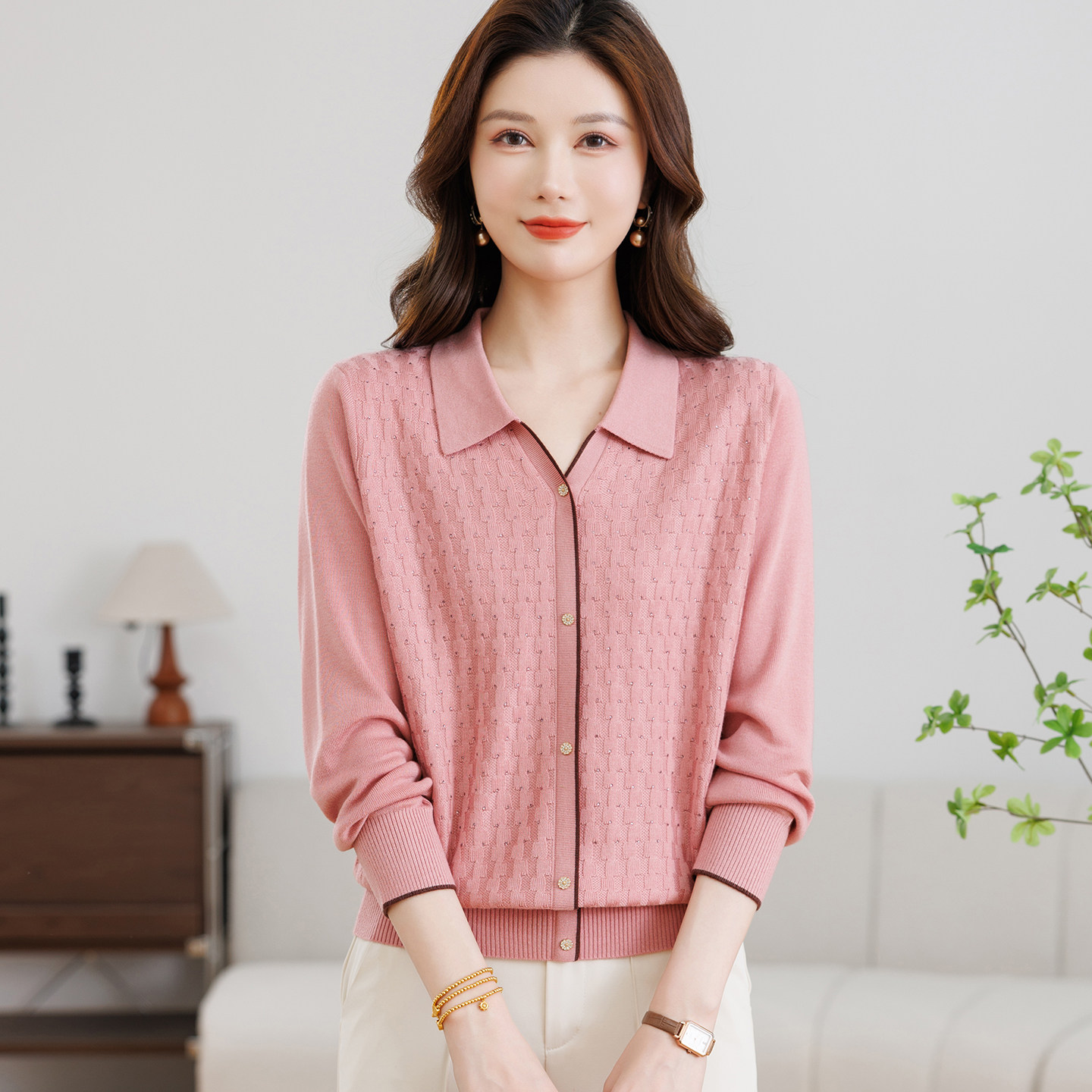 翻领薄款妈妈针织打底衫中老年女2026新款春夏蚕丝七分袖上衣t恤