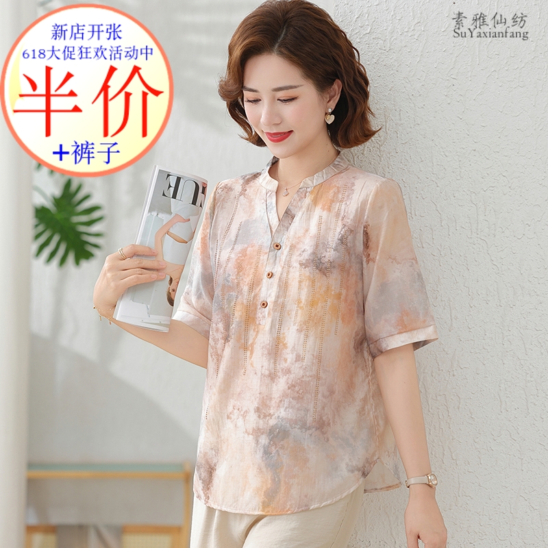 妈妈夏装棉麻小衫洋气减龄2025新款中老年女夏季薄款上衣气质套装