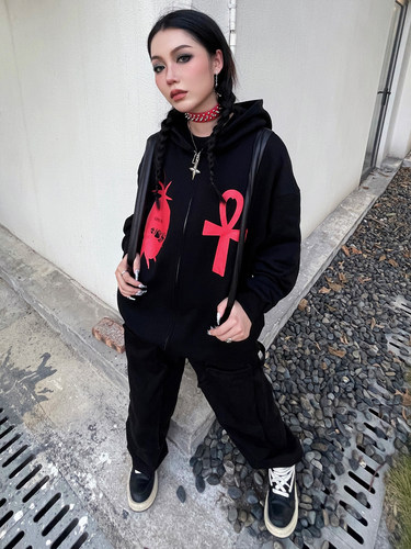 Human Voices原创重磅黑红印花开衫拉链卫衣宽松连帽外套嘻哈潮牌