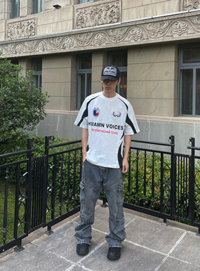 Human Voices刺绣拼接圆领短袖男女休闲复古宽松运动足球服潮流