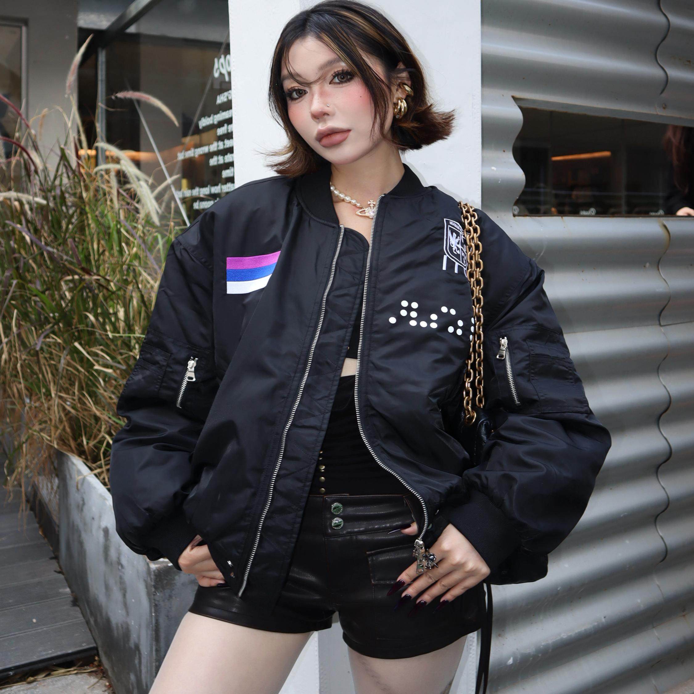 Human Voices徽章刺绣撞钉棉服宽松男女ma1飞行夹克秋冬外套潮流