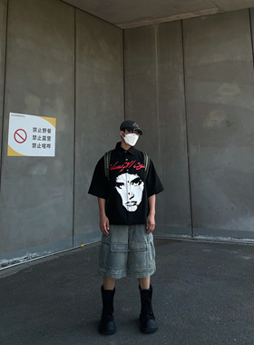 Human Voices水洗做旧人像印花廓形短衬衫男女夏季休闲宽松短袖