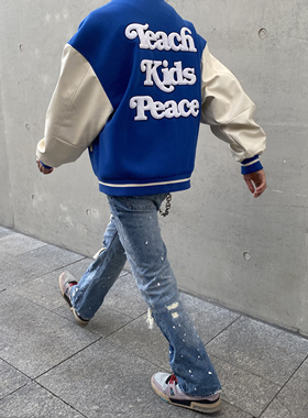 Human Voices字母刺绣vibe风棒球服蓝色夹克休闲外套秋冬高街潮牌