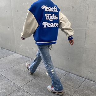 Human Voices字母刺绣vibe风棒球服蓝色夹克休闲外套秋冬高街潮牌