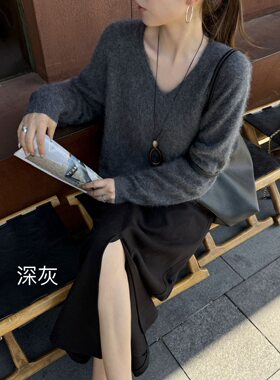 V领5%山羊绒拉毛针织糖果色套头上衣女宽松百搭羊毛慵懒秋冬毛衣
