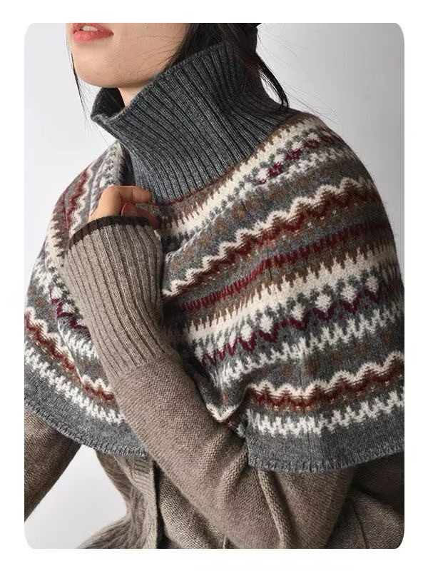 费尔岛提花100%纯羊毛高领披肩女宽松保暖加厚斗篷外搭上衣