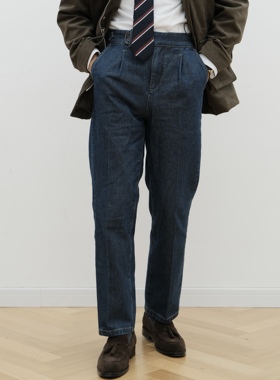 何青菜/23910意式那不勒斯巴黎扣蓝色商务休闲直筒高腰显高牛仔裤