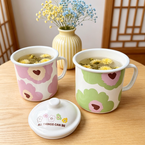 12CM绿紫花卉搪瓷杯 带盖茶缸 高颜值茶杯 马克杯搪瓷缸 喝水杯