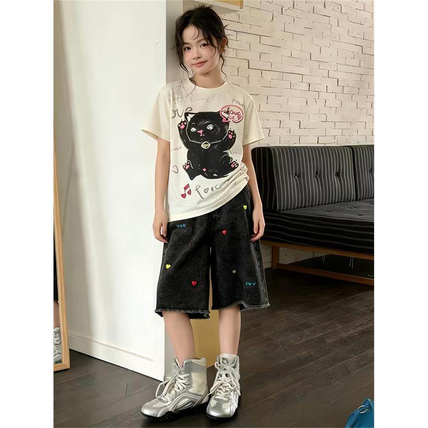 女童夏季黑猫t恤棉布裤套