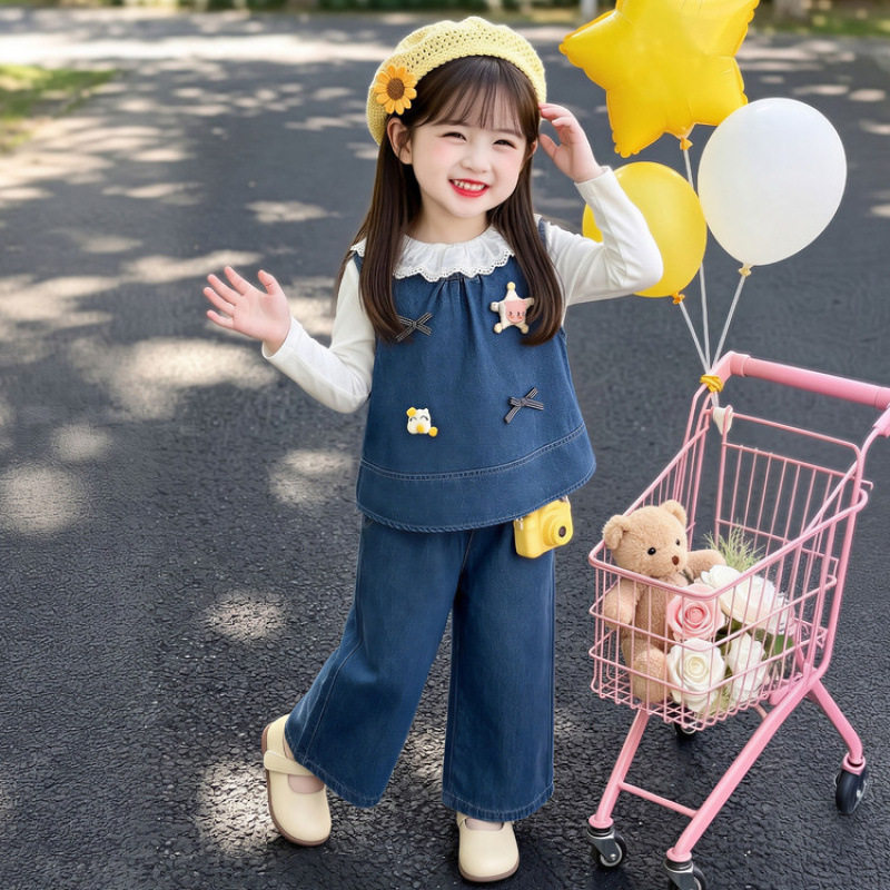 女童春秋季洋气马甲三件套2026新款儿童休闲条纹打底衫束脚裤套装