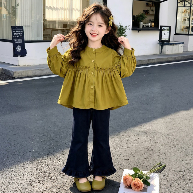 女童秋装套装洋气穿搭儿童秋季女宝宝衬衫牛仔裤时髦两件套