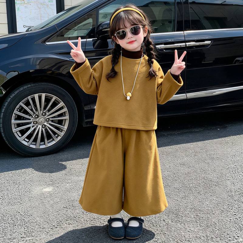女童韩版秋装套装春秋2026新款洋气儿童中小童毛呢纯色两件套外穿