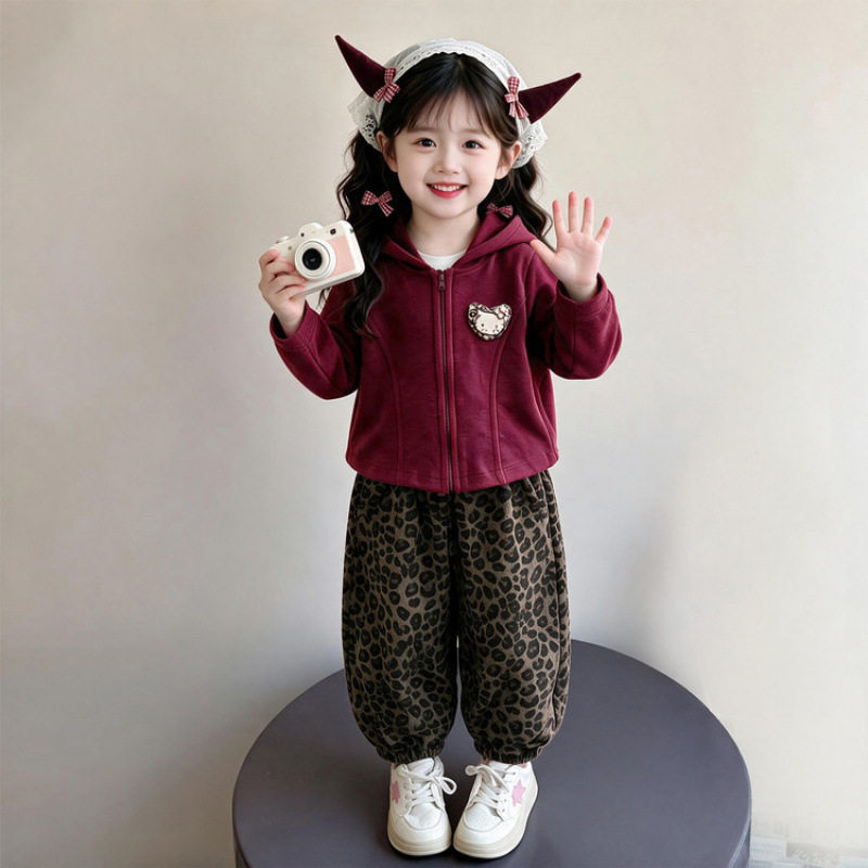 女小童运动套装春秋季2026新款儿童连帽卫衣秋装儿童豹纹裤两件套