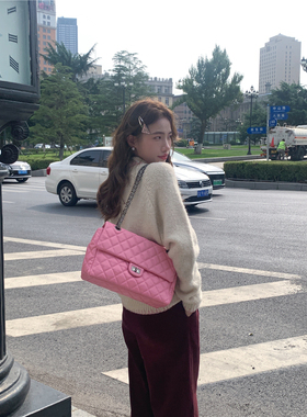 韩国东大门设计真皮菱格小香风甜美粉色慵懒感大容量链条斜挎包包