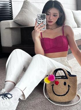 泰国巴厘岛沙滩度假手工包包可爱甜美爱心小号笑脸珍珠肩带水桶包