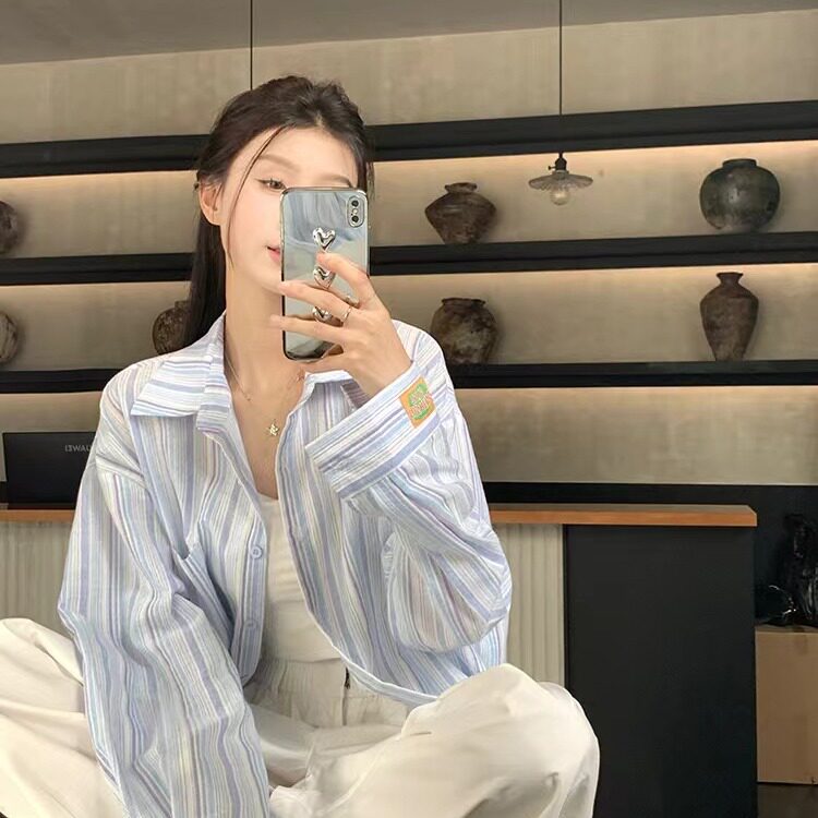 粉色条纹polo领长袖衬衫女棉衬衫