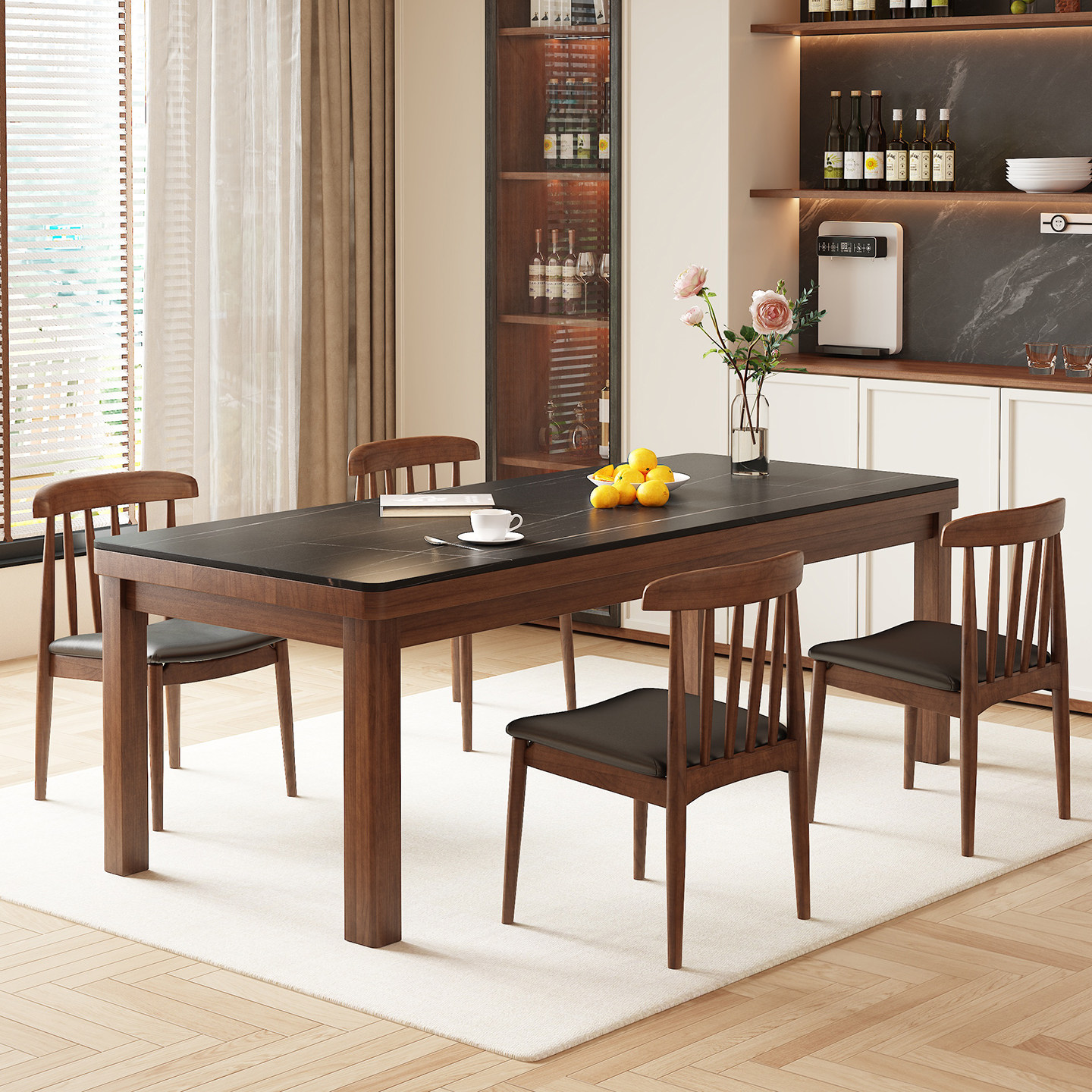 中古风实木餐桌小户型高级感黑色岩板餐桌家用客厅餐书桌一体桌子