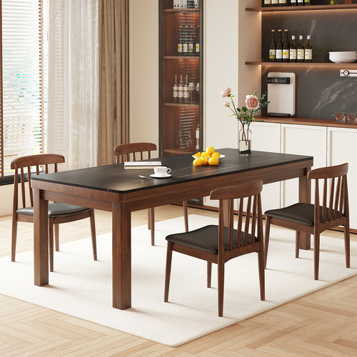 中古风实木餐桌小户型高级感黑色岩板餐桌家用客厅餐书桌一体桌子