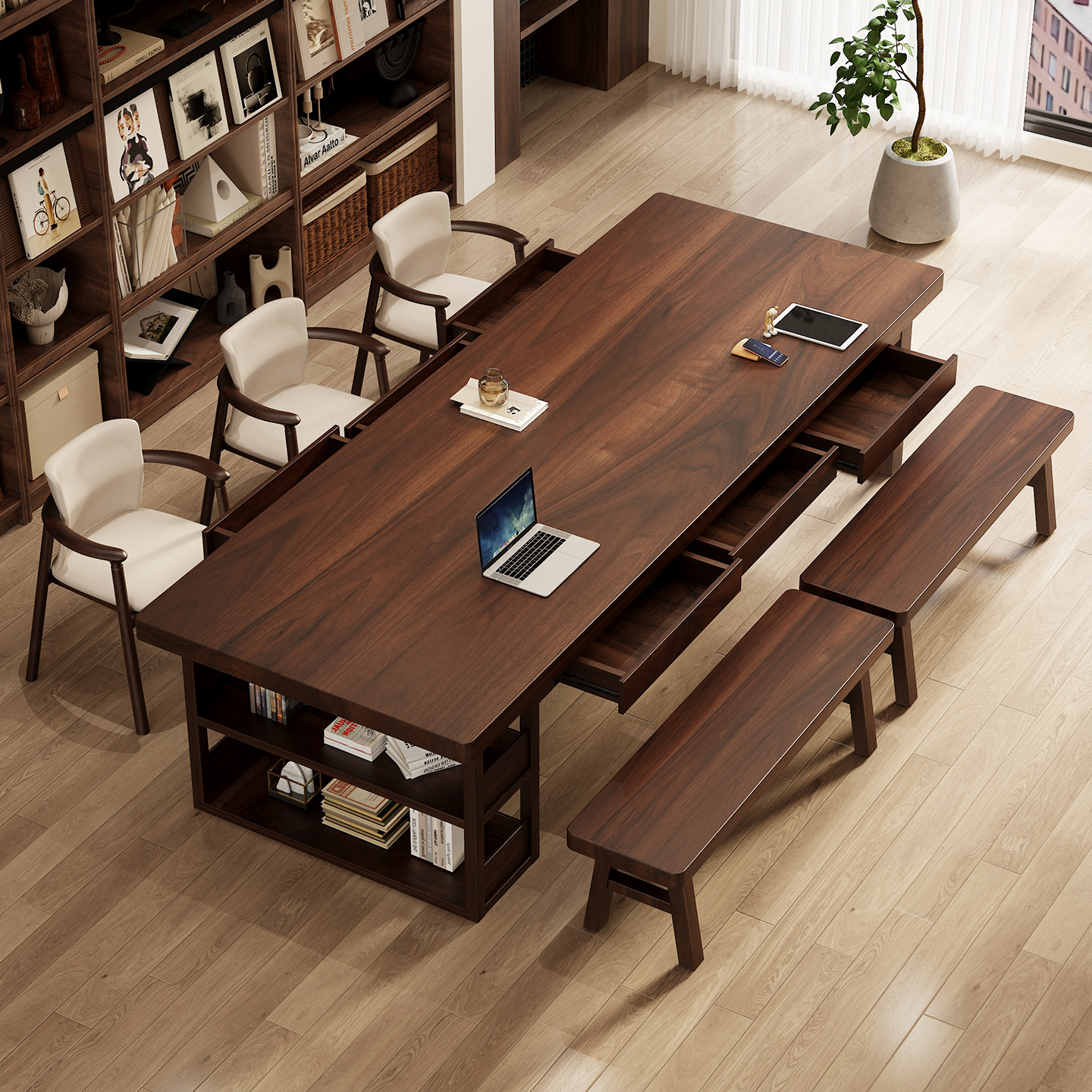 南美胡桃木实木大板家用多人写字桌去客厅化带抽屉置物架大长书桌