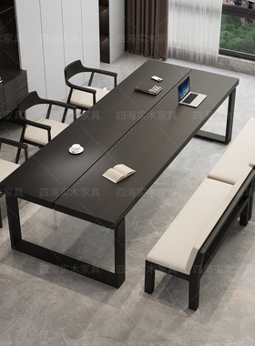 实木客厅书桌餐桌一体工作台家用轻奢现代办公桌黑色莫比恩大板桌